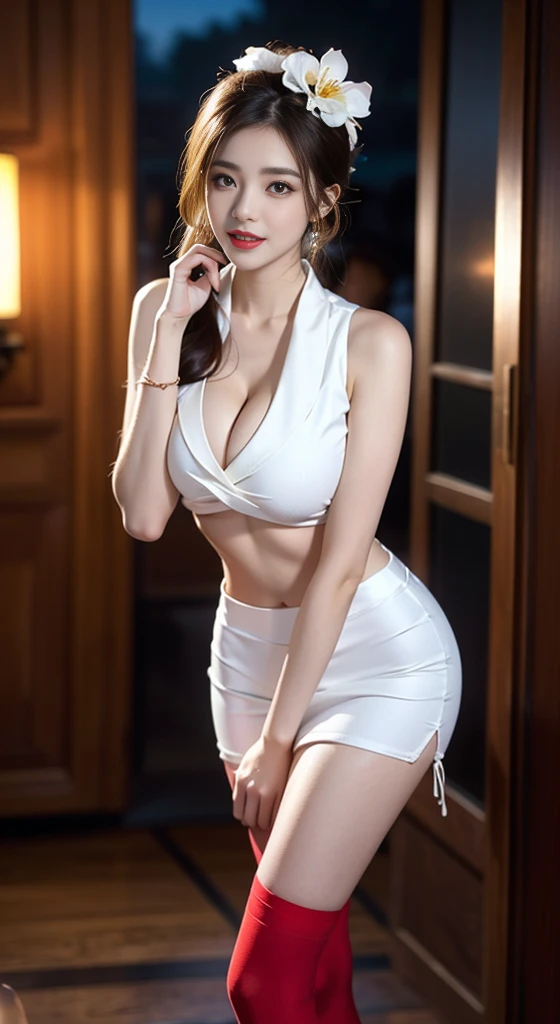 sleeveless shirt, layered shirt, layered skirt, crop top, wrist cuffs,gradient legwear, red thighhighs,high heels, boots,hair flower, ribbon, ((Full breasts)), ((Chest Window, Visible cleavage)), ((Showing off sexy legs)), ((knee shot)), ((Standing, Elegant posture)), 1girl,独奏, Cute Girl, red makeup, Ancient makeup, Beauty, Practical, Fashion Girl, Red lips, Mature women, Exquisite makeup, big eyes, beautiful, (best quality, masterpiece:1.2), Extremely detailed, (Practical:1.37), ((Random Scenes, Random shooting angle)), ((Sexy long legs)), Young and energetic, Charming model, (Exquisite eyes, Delicate lips), Show a bright smile, Create stunning girl images, warm color, Extremely saturated colors, Official Art, Extremely detailed的 CG, Unity 8K wallpaper, (High Dynamic Range :1.4), (Movie atmosphere),(Soft colors), (Natural skin texture, ultra-Practical, Soft Light, sharp),(Very detailed), night, moonlight