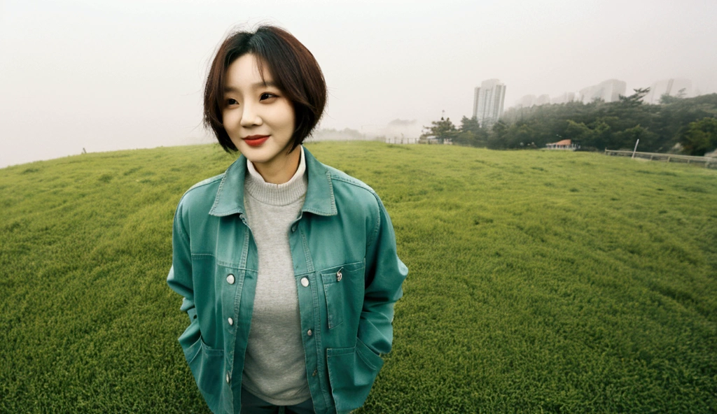 high quality, 1 woman, ((36-year-old healthy Korean woman)), ((36 years old)), 1 woman, eyes are big and beautiful. ((slim)), ((short medium hair)), Smile. pose: standing, gray and light green luxury brand windbreaker jacket, background: 1 woman, California, USA, pasture, Cow, A green meadow can be seen in the distance through the early morning fog.. Full body shot with 16-34 wide angle lens, looking up the side, 