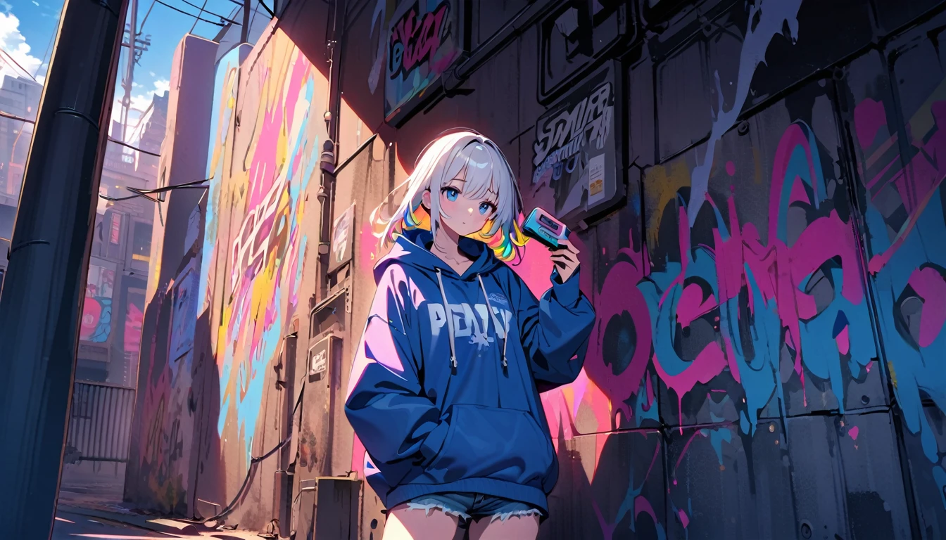 HD 8k Handsome sexy-cute, Solitary, 1 HD-8k Human focus, female, looking away Medium Length Hair, white hair, Rainbow hair, blue Eyes, Rainbow headphone, hoodie, colored hoodie, denim shorts, sneakers, outdoor, blue sky, White clouds, graffiti Popularity spray art wall, background is NEON Tokyo, “holding a cassette tape in the right hand"
