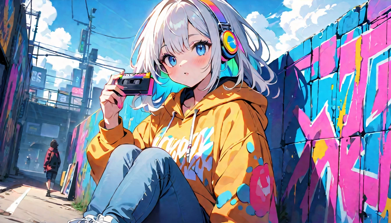 HD 8k Handsome sexy-cute, Solitary, 1 HD-8k Human focus, female, looking away Medium Length Hair, white hair, Rainbow hair, blue Eyes, Rainbow headphone, hoodie, colored hoodie, denim shorts, sneakers, outdoor, blue sky, White clouds, graffiti Popularity spray art wall, background is NEON Tokyo, “holding a cassette tape in the right hand"