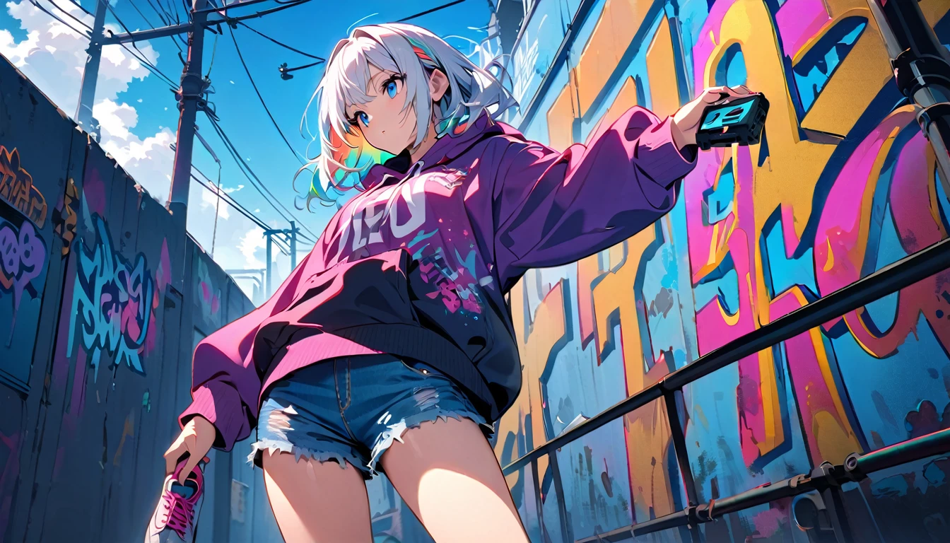 HD 8k Handsome sexy-cute, Solitary, 1 HD-8k Human focus, female, looking away Medium Length Hair, white hair, Rainbow hair, blue Eyes, Rainbow headphone, hoodie, colored hoodie, denim shorts, sneakers, outdoor, blue sky, White clouds, graffiti Popularity spray art wall, background is NEON Tokyo, “holding a cassette tape in the right hand"
