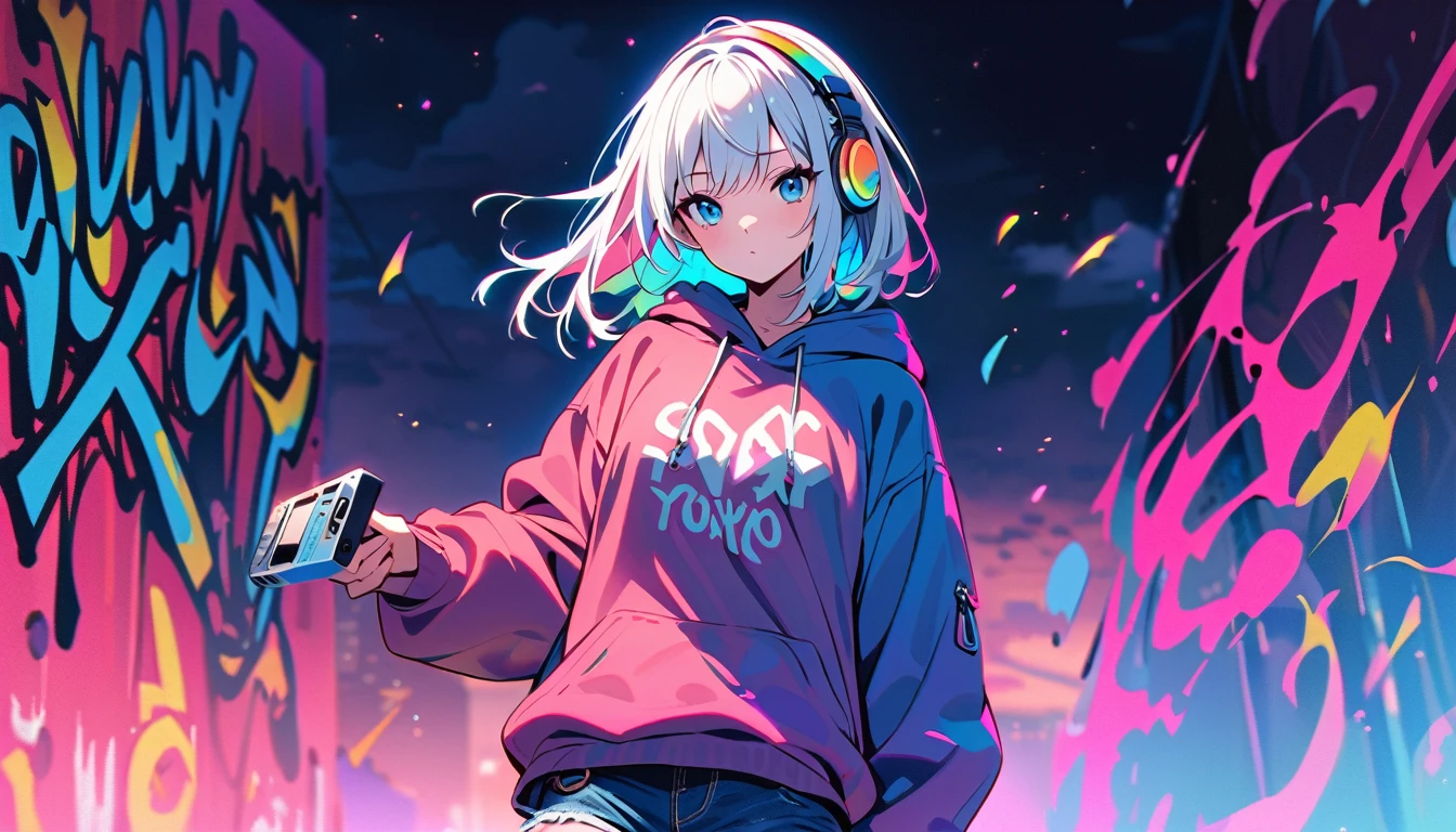 HD 8k Handsome sexy-cute, Solitary, 1 HD-8k Human focus, female, looking away Medium Length Hair, white hair, Rainbow hair, blue Eyes, Rainbow headphone, hoodie, colored hoodie, denim shorts, sneakers, outdoor, blue sky, White clouds, graffiti Popularity spray art wall, background is NEON Tokyo, “holding a cassette tape in the right hand"
