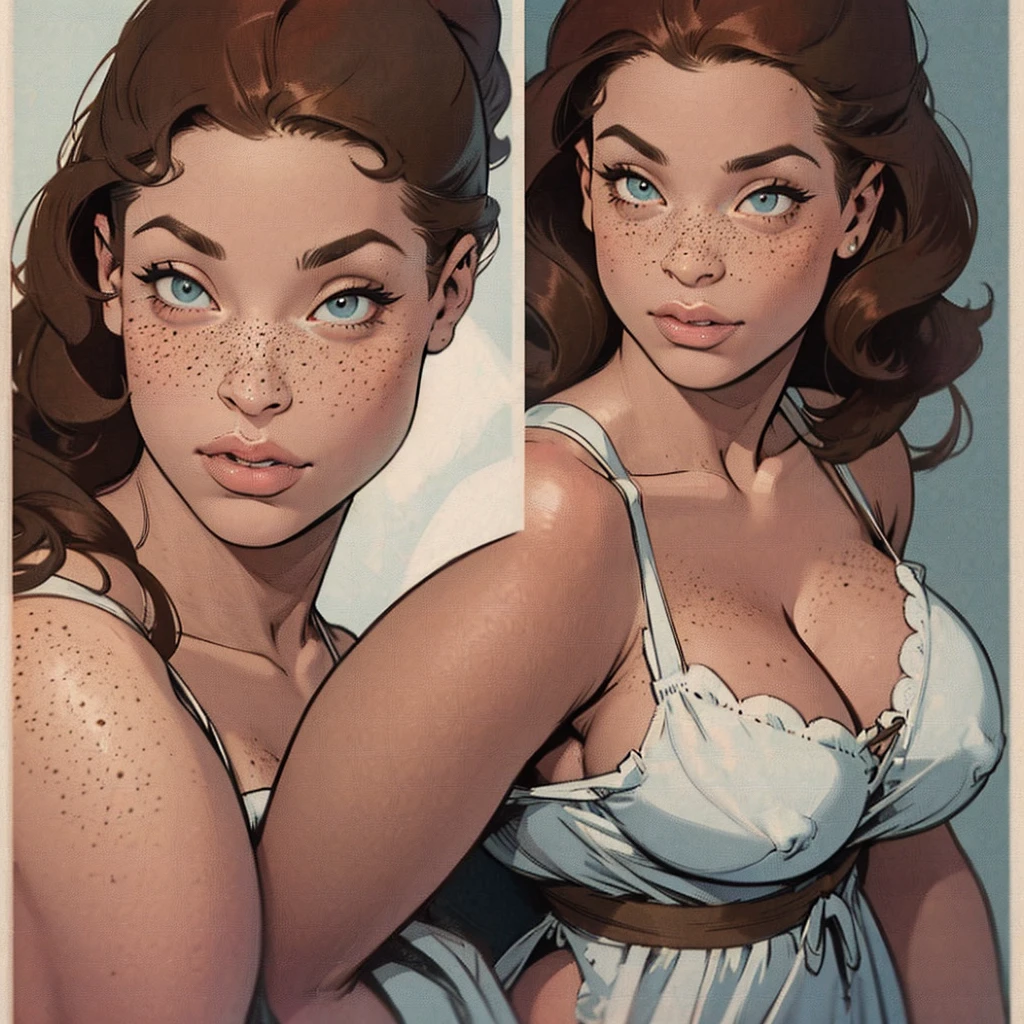 Beautiful thick mulatto woman, Full_body, dressed as a nightgown model, voluptuous, (highly detailed face:1.5), large_breast, ample hips, insanely detailed accentuated big booty, greatly feminine proportioned, great aesthetics, ((highly detailed skin1:.2)), (freckles:1.2), (blemishes:1.0), (((brown hair))), 8k uhd, dslr, soft lighting, highest quality, film grain