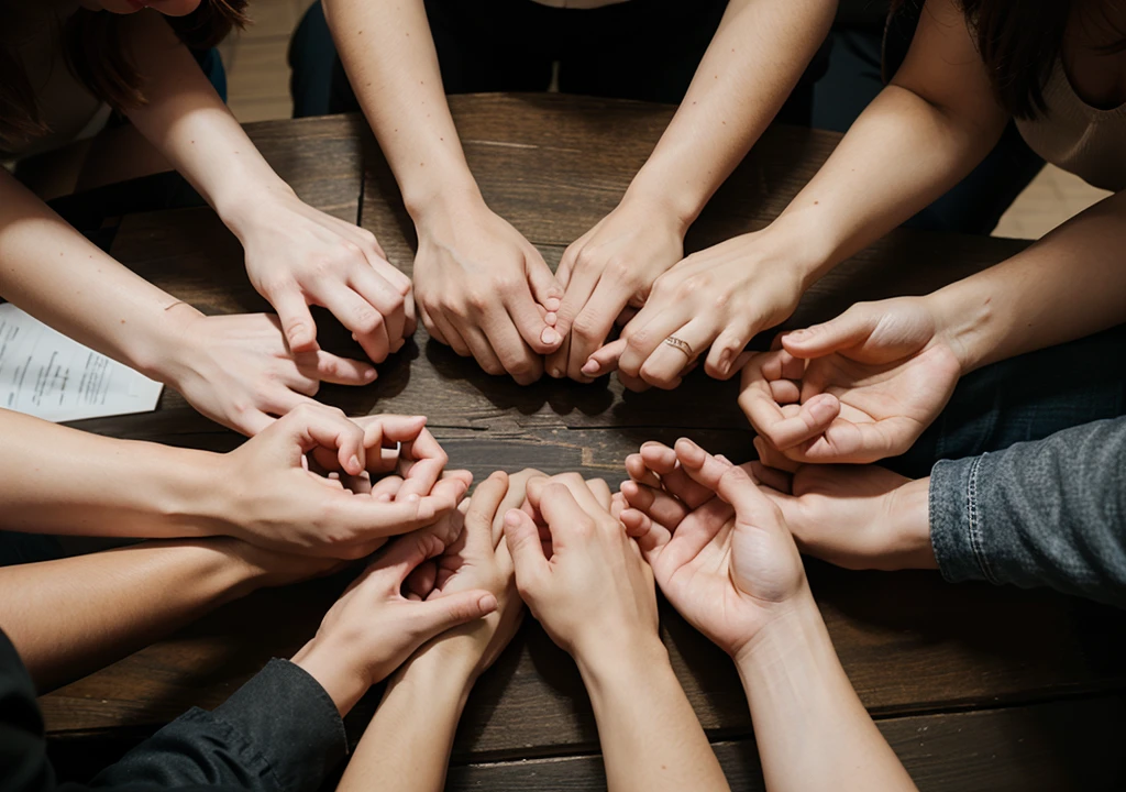 A group of people with their hands together. Business teamwork and support