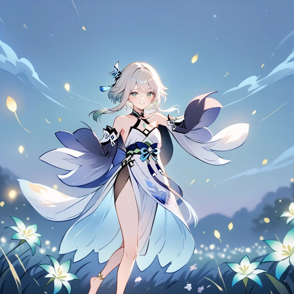 1girl, guizhong_\(genshin_impact\),light grey hair,short_hair_with_long_locks,starry_sky_print,detached_sleeves, long sleeves that drape over hands past fingers,dancing,hanfu,illustrated by matsuryuu and agahari and dsmile,pale green-grey eyes,stunning field of softly glowing blue and white glaze lilies,night scene,gentle smile,moonlight,glossy lips,vivid anime coloring,cel shading,smooth, soft dreamy focus,anklet,halter_top,white clothes,highly detailed,digital painting,field of flowers,bare_shoulders,wlop,barefoot,cool night tones, magical night scene,masterpiece, best quality, film, bokeh, multicolored light particles,professional, 4k, highly detailed,fireflies,Guardian nebula of rainbow light and silvery vapor,ai-generated,goddess of stardust