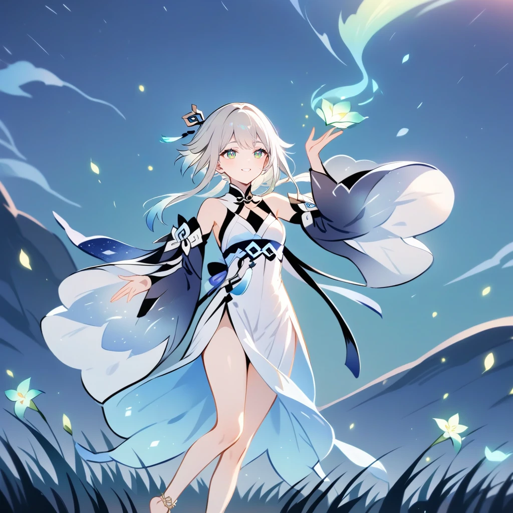 1girl, guizhong_\(genshin_impact\),light grey hair,short_hair_with_long_locks,starry_sky_print,detached_sleeves, long sleeves that drape over hands past fingers,dancing,hanfu,illustrated by matsuryuu and agahari and dsmile,pale green-grey eyes,stunning field of softly glowing blue and white glaze lilies,night scene,gentle smile,moonlight,glossy lips,vivid anime coloring,cel shading,smooth, soft dreamy focus,anklet,halter_top,white clothes,highly detailed,digital painting,field of flowers,bare_shoulders,wlop,barefoot,cool night tones, magical night scene,masterpiece, best quality, film, bokeh, multicolored light particles,professional, 4k, highly detailed,fireflies,Guardian nebula of rainbow light and silvery vapor,ai-generated,goddess of stardust