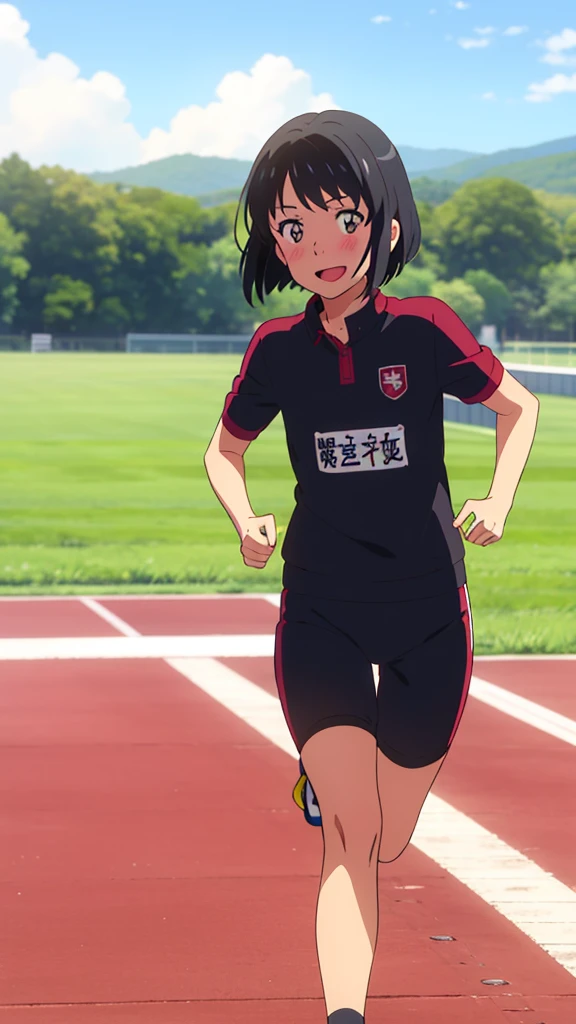 shinkai makoto, kimi no na wa., 1girl, bangs, black hair, blush, bright eyes, brown eyes, looking at the viewer, gym uniform, red buruma, short hair, solo, outdoors, (running:1.4), (ground:1.2), shinny skin, smile, cute, open mouth, cowboy shot, (masterpiece, best quality)