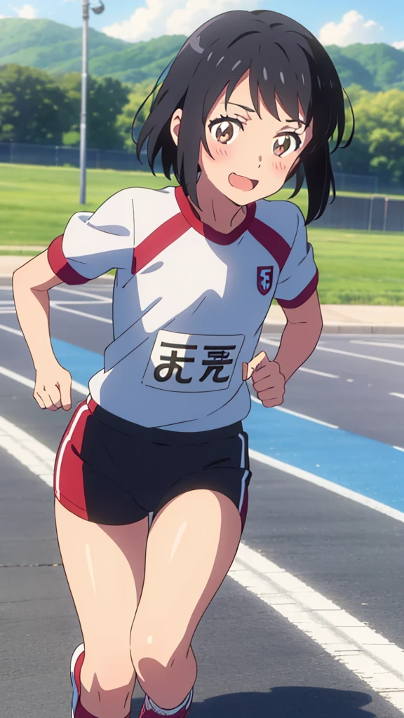 shinkai makoto, kimi no na wa., 1girl, bangs, black hair, blush, bright eyes, brown eyes, looking at the viewer, gym uniform, red buruma, short hair, solo, outdoors, (running:1.4), (ground:1.2), shinny skin, smile, cute, open mouth, cowboy shot, (masterpiece, best quality)