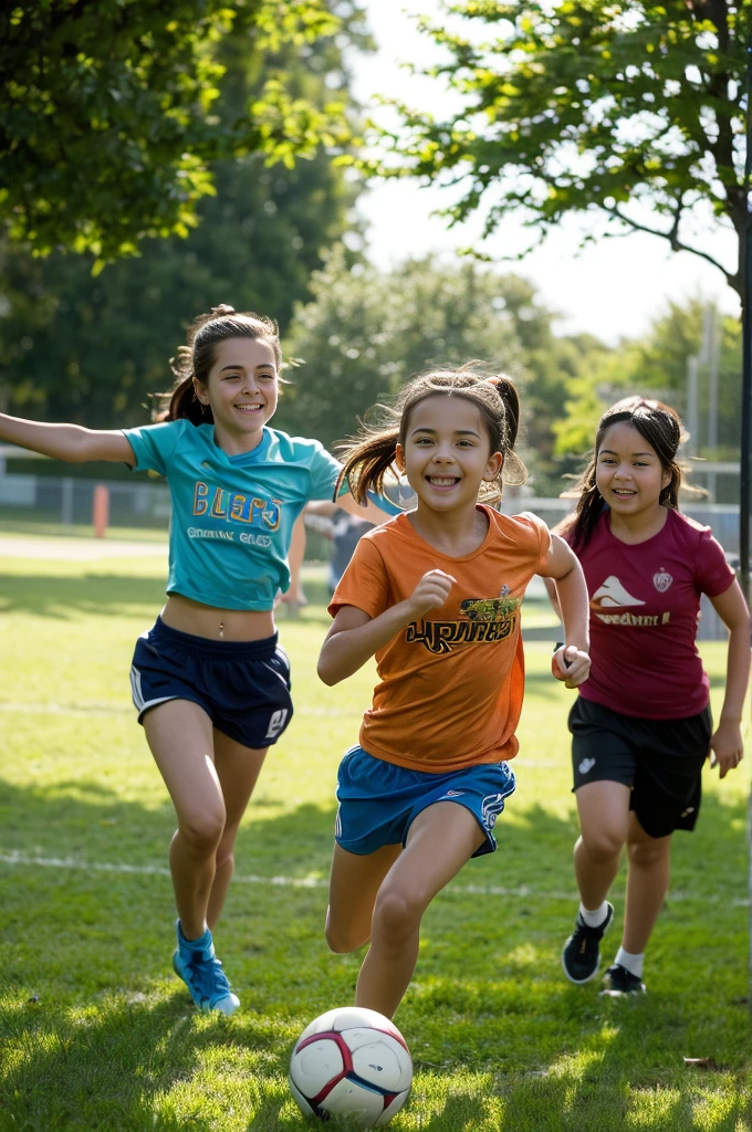 Create a highly realistic scene set in a bustling sports center in Italy. The focus is on two Italian sisters, one 13 years old and the other 8 years old, surrounded by a group of younger children. They are all dressed in colorful T-shirts and shorts, reflecting their energetic and joyful mood.
The 13-year-old teenager stands confidently in the center. She has shoulder-length brown hair tied in a ponytail and is wearing a bright red t-shirt tied under her small breasts showing her midriff and blue shorts. Her face is lit up with a warm smile as she interacts with the children around her, radiating a sense of enthusiasm and camaraderie.
Next to her is her 8-year-old sister, who looks a lot like her older sister but is shorter and has a smaller build. She has long wavy brown hair tied with a ribbon and is wearing a matching red t-shirt and blue shorts. Her expression mirrors her older sister's joy and excitement as she interacts with the other children.
Surrounding them are children aged between 5 and 10, each wearing T-shirts and shorts in various bright colors such as yellow, green, blue and orange. Their expressions are full of happiness and excitement as they interact with each other and the two sisters. Some children hold sports equipment such as soccer balls and skipping ropes, indicating their availability for fun activities.
In the background is the lively setting of the sports center: an open field with freshly cut grass, a running track and various sports facilities such as basketball courts and a football field. Some trees and benches are scattered here and there, offering places of shade and rest. The sky is clear and blue, with the sun shining brightly, casting a warm light over the entire scene.
This scene captures the energetic and playful atmosphere of the sports centre, with the 13- and 8-year-old sisters at the center of the joyful group, creating a sense of unity and fun among the children. The vibrant colors of their outfits and lively intera