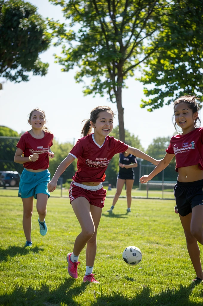 Create a highly realistic scene set in a bustling sports center in Italy. The focus is on two Italian sisters, one 13 years old and the other 8 years old, surrounded by a group of younger children. They are all dressed in colorful T-shirts and shorts, reflecting their energetic and joyful mood.
The 13-year-old teenager stands confidently in the center. She has shoulder-length brown hair tied in a ponytail and is wearing a bright red t-shirt tied under her small breasts showing her midriff and blue shorts. Her face is lit up with a warm smile as she interacts with the children around her, radiating a sense of enthusiasm and camaraderie.
Next to her is her 8-year-old sister, who looks a lot like her older sister but is shorter and has a smaller build. She has long wavy brown hair tied with a ribbon and is wearing a matching red t-shirt and blue shorts. Her expression mirrors her older sister's joy and excitement as she interacts with the other children.
Surrounding them are children aged between 5 and 10, each wearing T-shirts and shorts in various bright colors such as yellow, green, blue and orange. Their expressions are full of happiness and excitement as they interact with each other and the two sisters. Some children hold sports equipment such as soccer balls and skipping ropes, indicating their availability for fun activities.
In the background is the lively setting of the sports center: an open field with freshly cut grass, a running track and various sports facilities such as basketball courts and a football field. Some trees and benches are scattered here and there, offering places of shade and rest. The sky is clear and blue, with the sun shining brightly, casting a warm light over the entire scene.
This scene captures the energetic and playful atmosphere of the sports centre, with the 13- and 8-year-old sisters at the center of the joyful group, creating a sense of unity and fun among the children. The vibrant colors of their outfits and lively intera