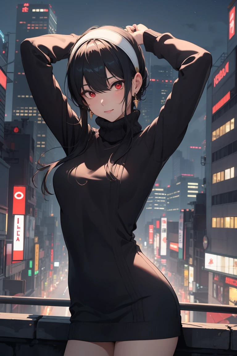 bbyorf, short hair with long locks, white hairband, ((red eyes:1.5)), gold earrings,
BREAK (sweater, turtleneck,long_sleeves:1.2),
BREAK (Night:1.7), Japan, cyberpunk, CityView, Before Window, Standing at attention,armpits,arm up, expressive eyes,seductive smile, looking at viewer, NSFW,(Full_body),
BREAK (masterpiece:1.2), best quality, high resolution,NSW ,unity 8k wallpaper, (illustration:0.8), (beautiful detailed eyes:1.6), extremely detailed face, perfect lighting, extremely detailed CG, (perfect hands, perfect anatomy),