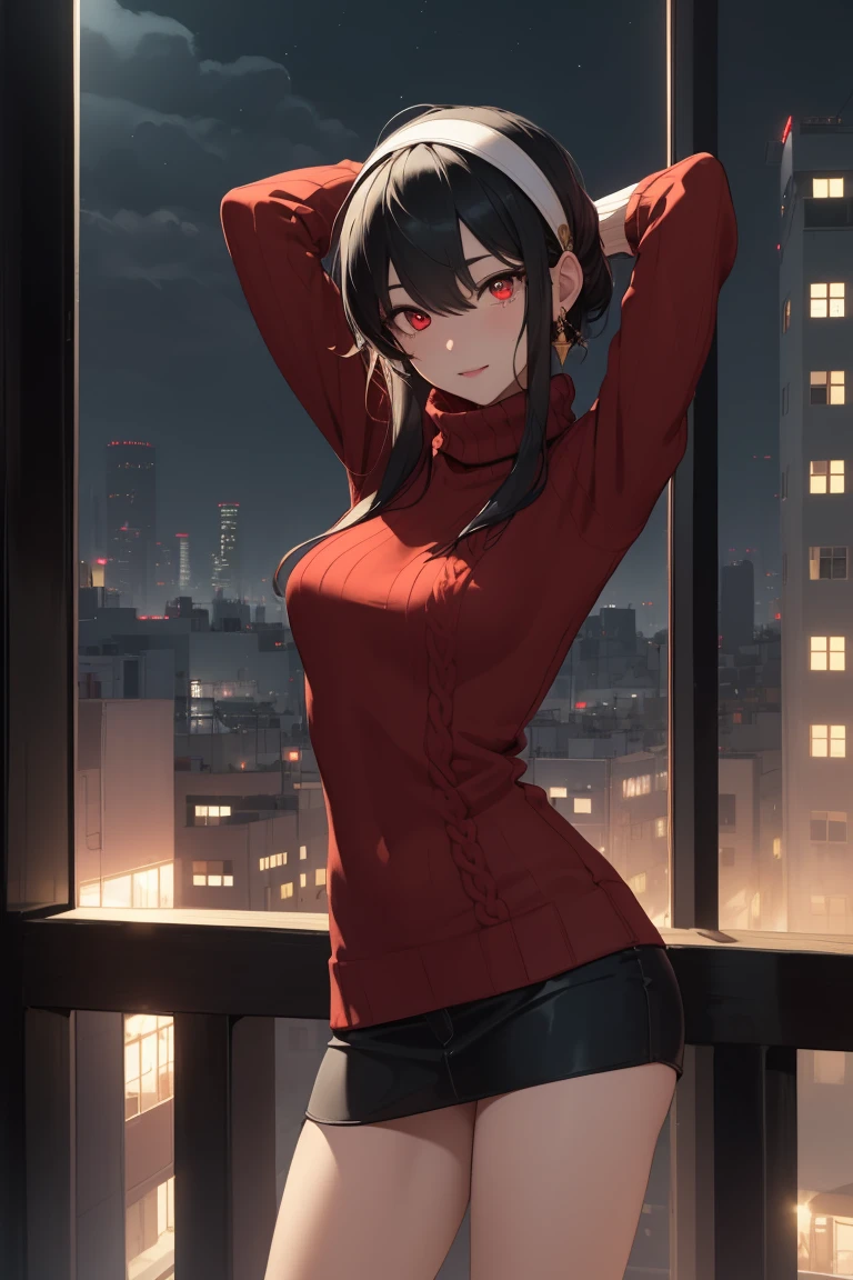 bbyorf, short hair with long locks, white hairband, ((red eyes:1.5)), gold earrings,
BREAK (sweater, turtleneck,long_sleeves:1.2),
BREAK (Night:1.7), Japan, cyberpunk, CityView, Before Window, Standing at attention,armpits,arm up, expressive eyes,seductive smile, looking at viewer, NSFW,(Full_body),
BREAK (masterpiece:1.2), best quality, high resolution,NSW ,unity 8k wallpaper, (illustration:0.8), (beautiful detailed eyes:1.6), extremely detailed face, perfect lighting, extremely detailed CG, (perfect hands, perfect anatomy),