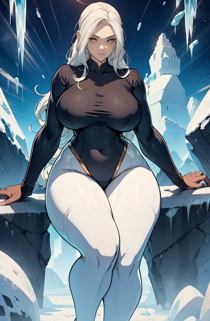female, solo, young, sexy body, voluptuous figure, tightsuit, white hair, decolored blonde hair, ice effects around, ice queen, beautifull face, long hair, defined body, yellow and bright eyes, thick legs, strong legs, tall, Voluptuous legs, huge ass, big hip, big ass, female sorcerer, blue and black robes, long hair