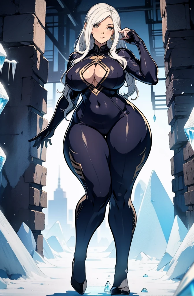 female, solo, young, sexy body, voluptuous figure, tightsuit, white hair, decolored blonde hair, ice effects around, ice queen, beautifull face, long hair, defined body, yellow and bright eyes, thick legs, strong legs, tall, Voluptuous legs, huge ass, big hip, big ass, female sorcerer, blue and black robes, long hair