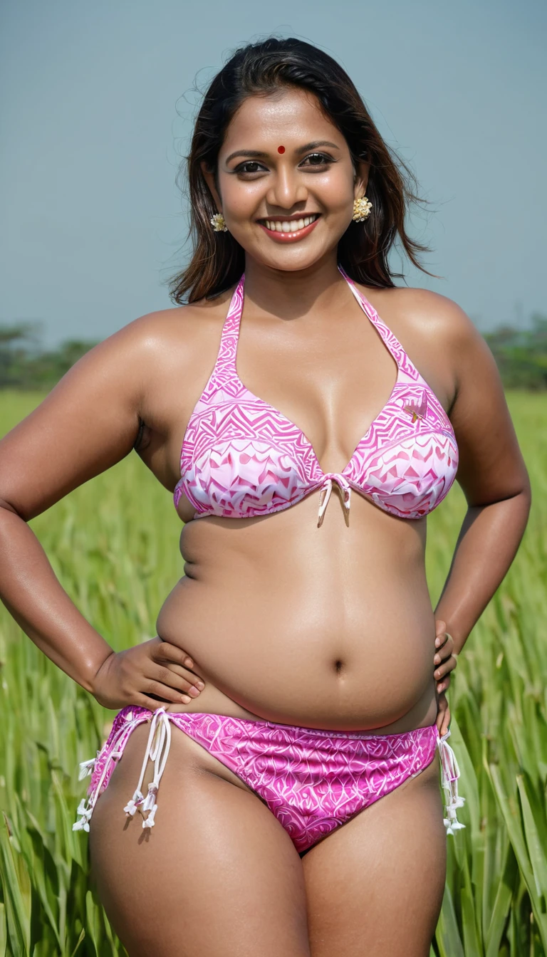 smiling woman in a pink and white bikini standing in a field, dressed in a bikini, wearing a bikini, fat limbs, big , closeup portrait shot, wearing bikini dress mekhela sador, photo taken with canon 5d, shot with premium dslr camera, mid-shot portrait of a beautiful, mid shot portrait, portait image, with lovely look, joyful look