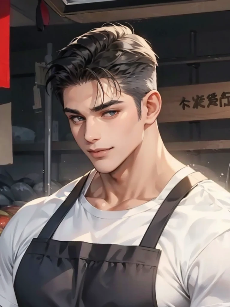men wear dark gray shining apron over white T-shirt, muscular and handsome,fish market,smile