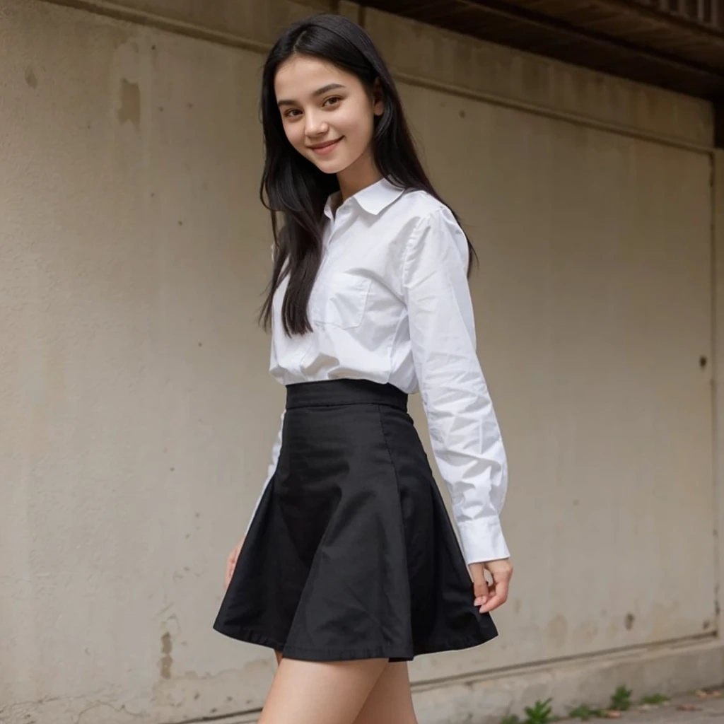 16 years old short skinny girl, tucked shirt, long skirt, long sleeves, black hair, little cute smile