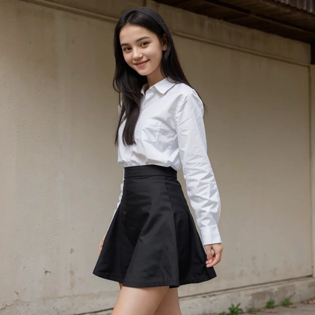 16 years old short skinny girl, tucked shirt, long skirt, long sleeves, black hair, little cute smile