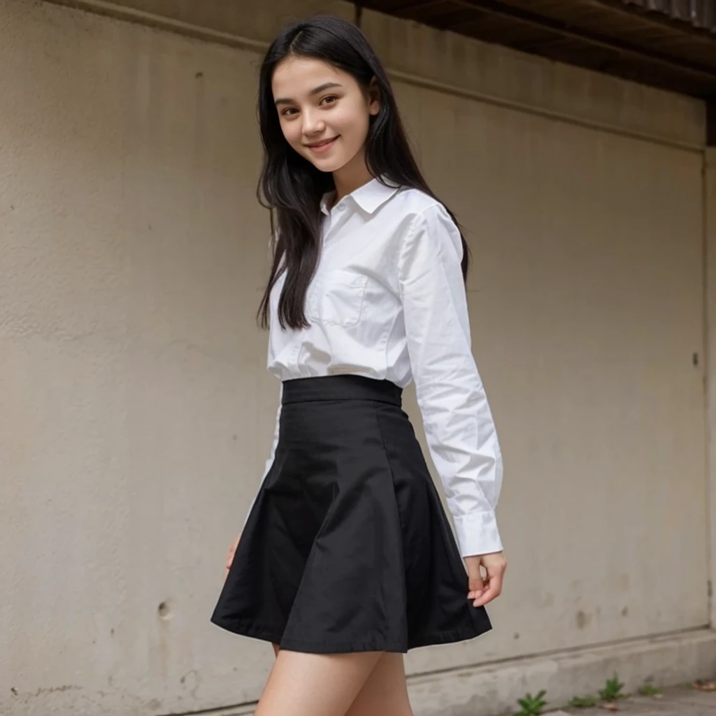 16 years old short skinny girl, tucked shirt, long skirt, long sleeves, black hair, little cute smile