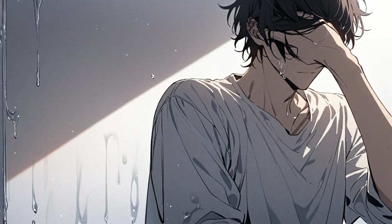 Man, fluid dripping from upper body, dark hair, hair covering eyes, handsome, alone, stays for a moment, full body, women's shirt, plain white room