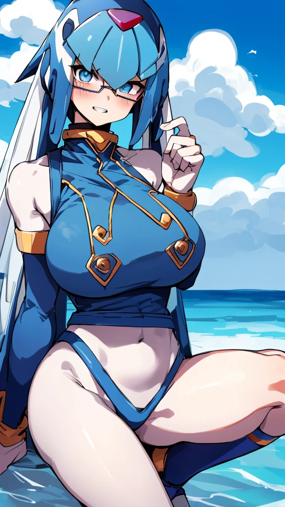 Leviathan_Megamanz, 1 Girl ,Looking at the viewer , blue hair, Blue eyes,Clouds background , Blushed, Wedding ring, Glasses ,Shark teeth, showing teeth 