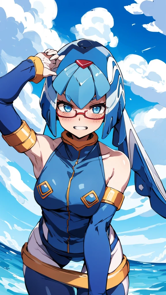 Leviathan_Megamanz, 1 Girl ,Looking at the viewer , blue hair, Blue eyes,Clouds background , Blushed, Wedding ring, Glasses ,Shark teeth, showing teeth