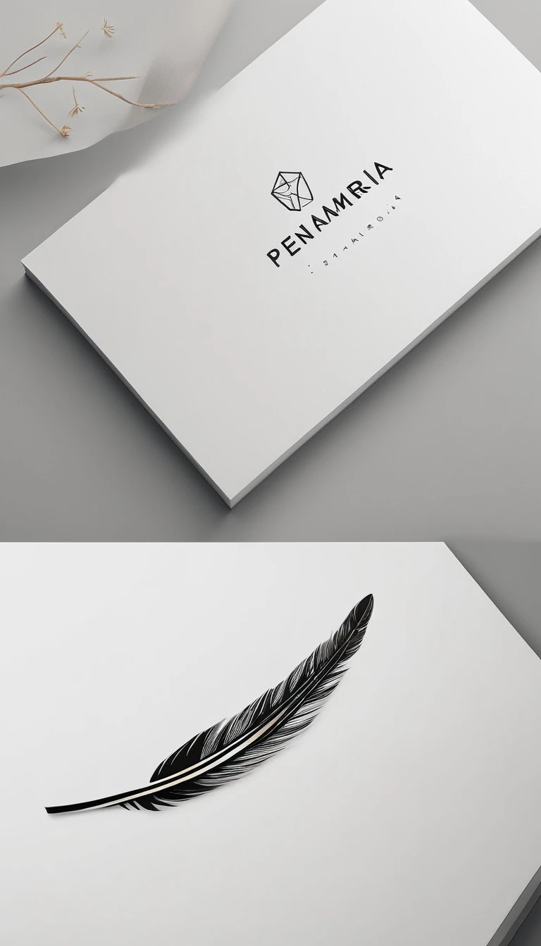 A minimal, modern, simple, cinematic logo design for the brand “Penamemoria". Create a modern, minimalistic, high-quality, masterpiece, fantastic, poetic feather that symbolizes dreams and stories.