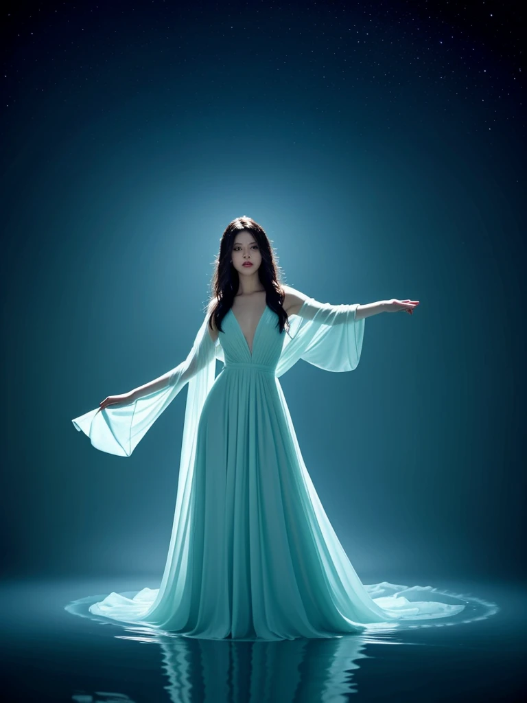 Young woman wearing a dress entirely made of transparent flowing water. Fluid, cascading gown with dynamic water movement. creating a mesmerizing blend of flowing liquid and delicate bubble structures. Dynamic poses, dancing, Shimmering, iridescent water surface with rainbow reflections on bubble areas. Water drops of various sizes forming the dress's texture. High-detail photography, fantasy concept art style. Simple plain light blue background. Flowing water in space.