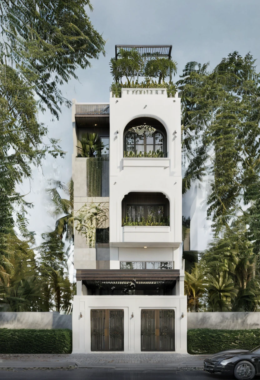 Render a 6-meter-wide, 2-story Indochine-style small townhouse situated in an urban setting. The townhouse features an elegant white facade with traditional Indochine architectural elements, including arched windows, wooden shutters, and decorative railings. The roof is designed with a two-sided slope running from front to back, similar to the style of houses in Hoi An. The exterior walls are adorned with subtle, ornate details that reflect the Indochine style. Incorporate artistic wooden louver panels on the exterior for added visual interest and architectural depth. The ground floor includes a welcoming entrance with classic wooden furniture and traditional lanterns. The street is lined with cobblestone pavement, tropical plants, and urban elements such as street lamps and parked bicycles, creating a harmonious blend of traditional and urban aesthetics. 8k resolution, UHD, high-quality detail, Indochine style, 5-meter-wide facade, 3-story, white exterior, arched windows, wooden shutters, decorative railings, two-sided sloping roof, Hoi An style, classic wooden furniture, traditional lanterns, ornate details, artistic wooden louver panels, urban setting, street view, cobblestone pavement, tropical plants, street lamps, parked bicycles, harmonious blend of traditional and urban aesthetics.