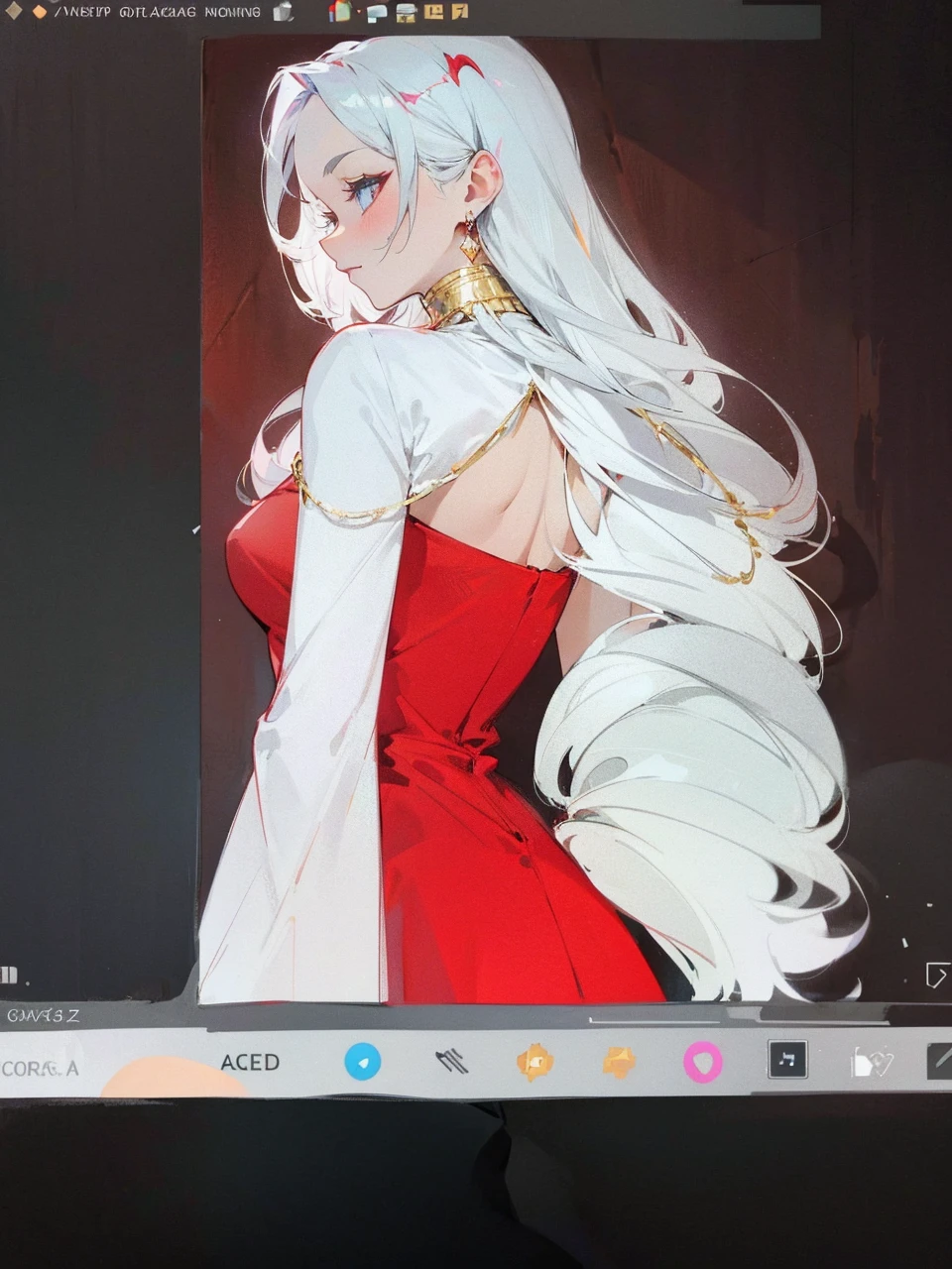Add in roses to her dress, a good back dress design with some golden jewelry, make her dress into a red and white gown with a hat, give her some unique Jewelry, and make her look somewhat of a demonic angel like appearance to her