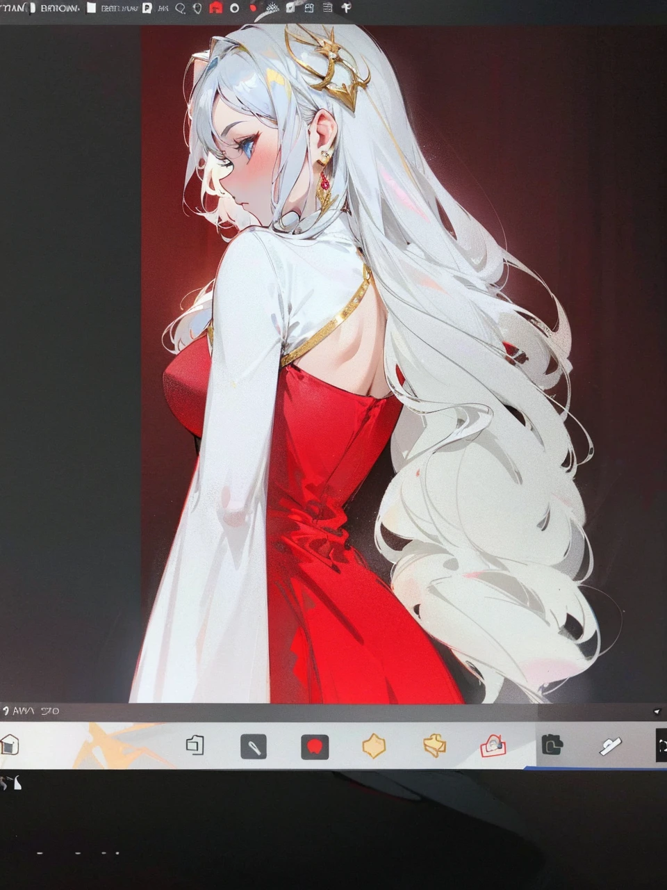 Add in roses to her dress, a good back dress design with some golden jewelry, make her dress into a red and white gown with a hat, give her some unique Jewelry, and make her look somewhat of a demonic angel like appearance to her