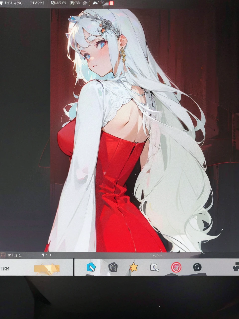 Add in roses to her dress, a good back dress design with some golden jewelry, make her dress into a red and white gown with a hat, give her some unique Jewelry, and make her look somewhat of a demonic angel like appearance to her
