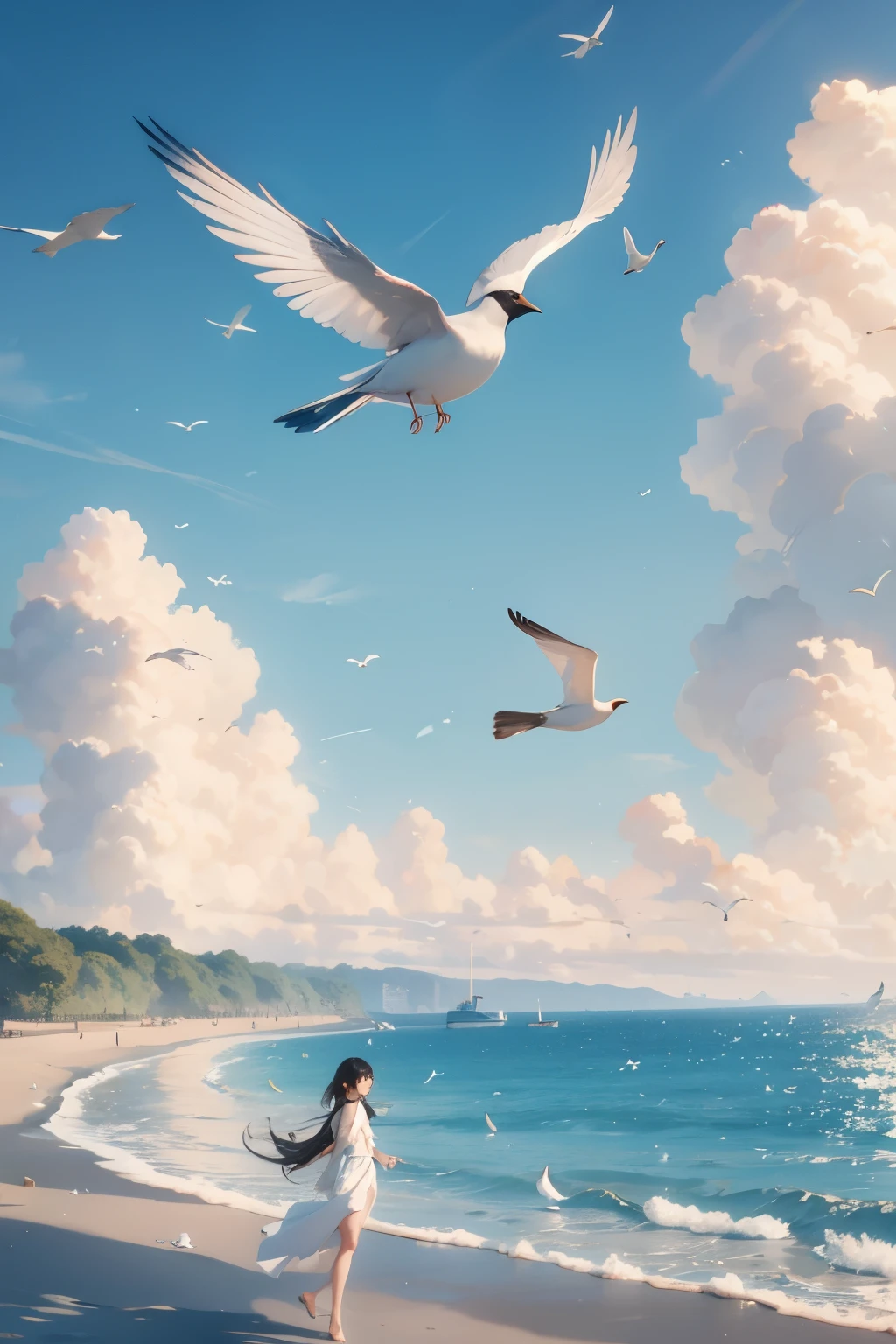 Blue sky,White Cloud,birds in the distance,Sea,Great prospects,Vision,A woman walks along the path towards the Sea,A bird flies overhead