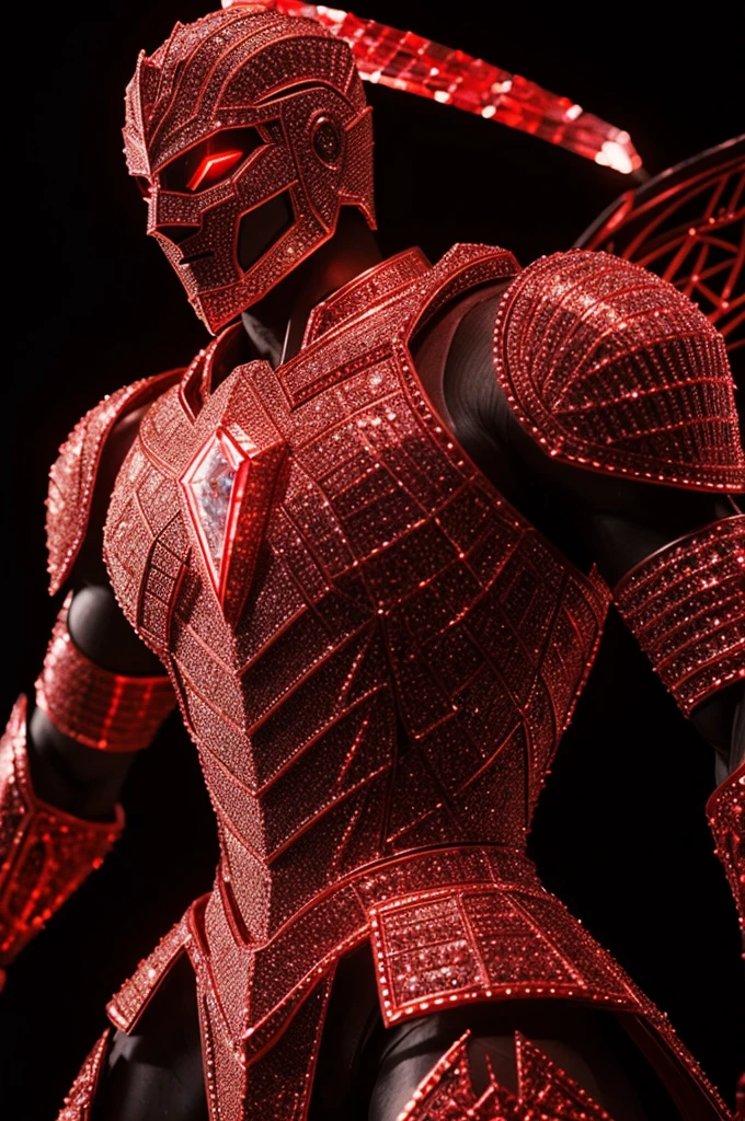elegant and majestic appearance, with a body made of a series of translucent red crystals that glow brightly in the light. Its design may remind you of a warrior or knight figure., with sharp facets and intricate details that resemble diamonds.