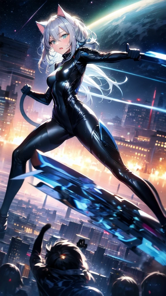 A silver-haired beautiful girl with cat ears eyes are green hair is silver and long clothes: a form-fitting black combat suit The fist is an afterimage The background is a city at night her is in a cat-like fighting pose The year is 14 years monitor, Dark Night, Sweat, Steam of Exhalation, Space, Battle, Dynamic Angle one girl