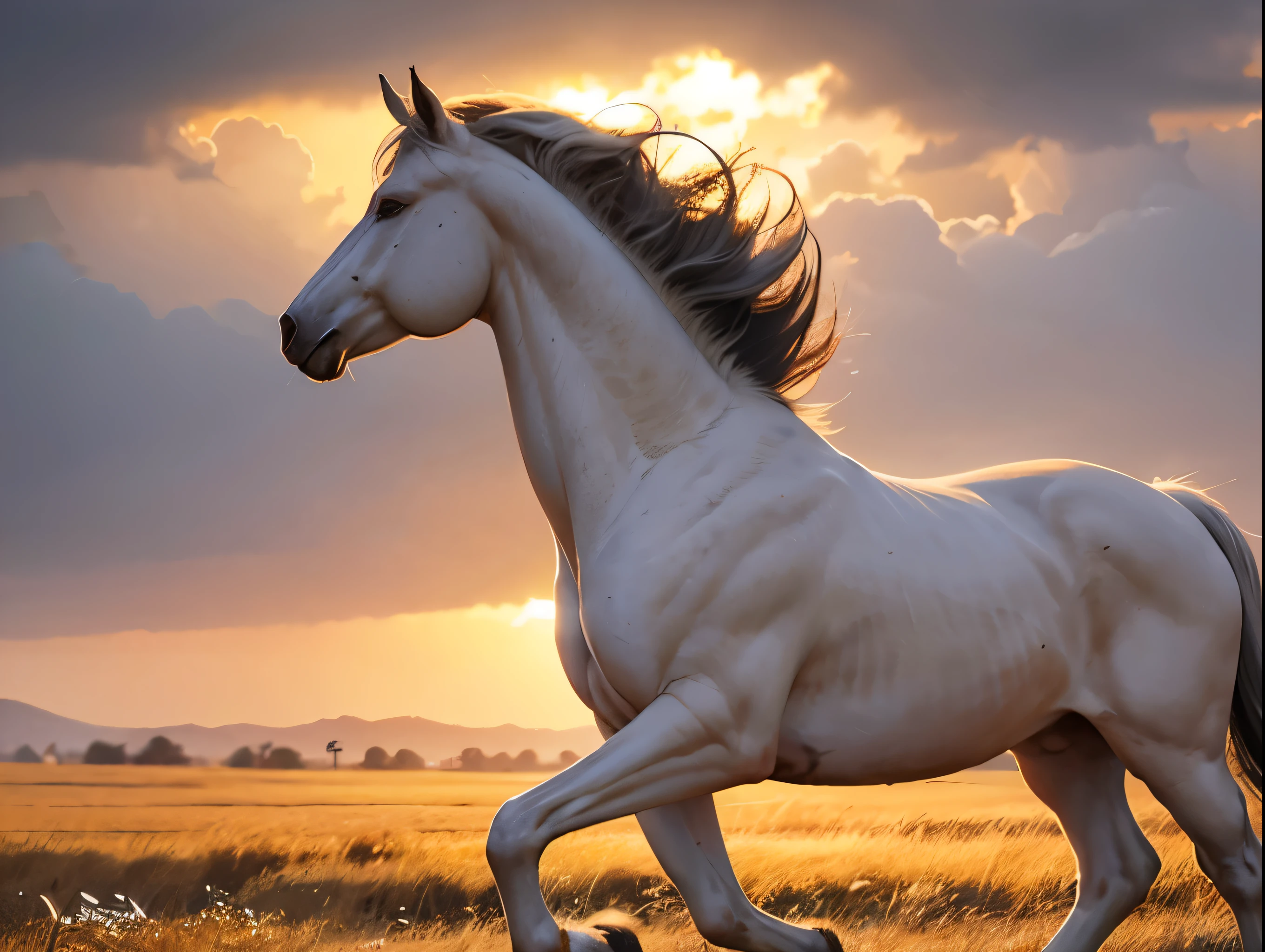 a majestic white horse, detailed realistic horse, beautiful detailed eyes, extremely detailed face and fur, horse standing in a field, golden hour lighting, natural environment, detailed landscape, photorealistic, 8k, best quality, highly detailed, cinematic lighting