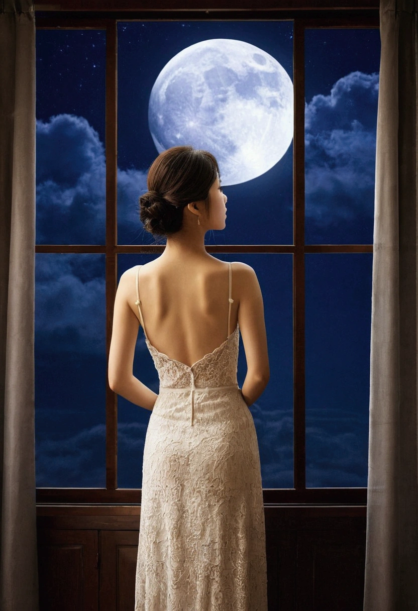 Inside the room,window, cloud, night, full moon、woman、Back view