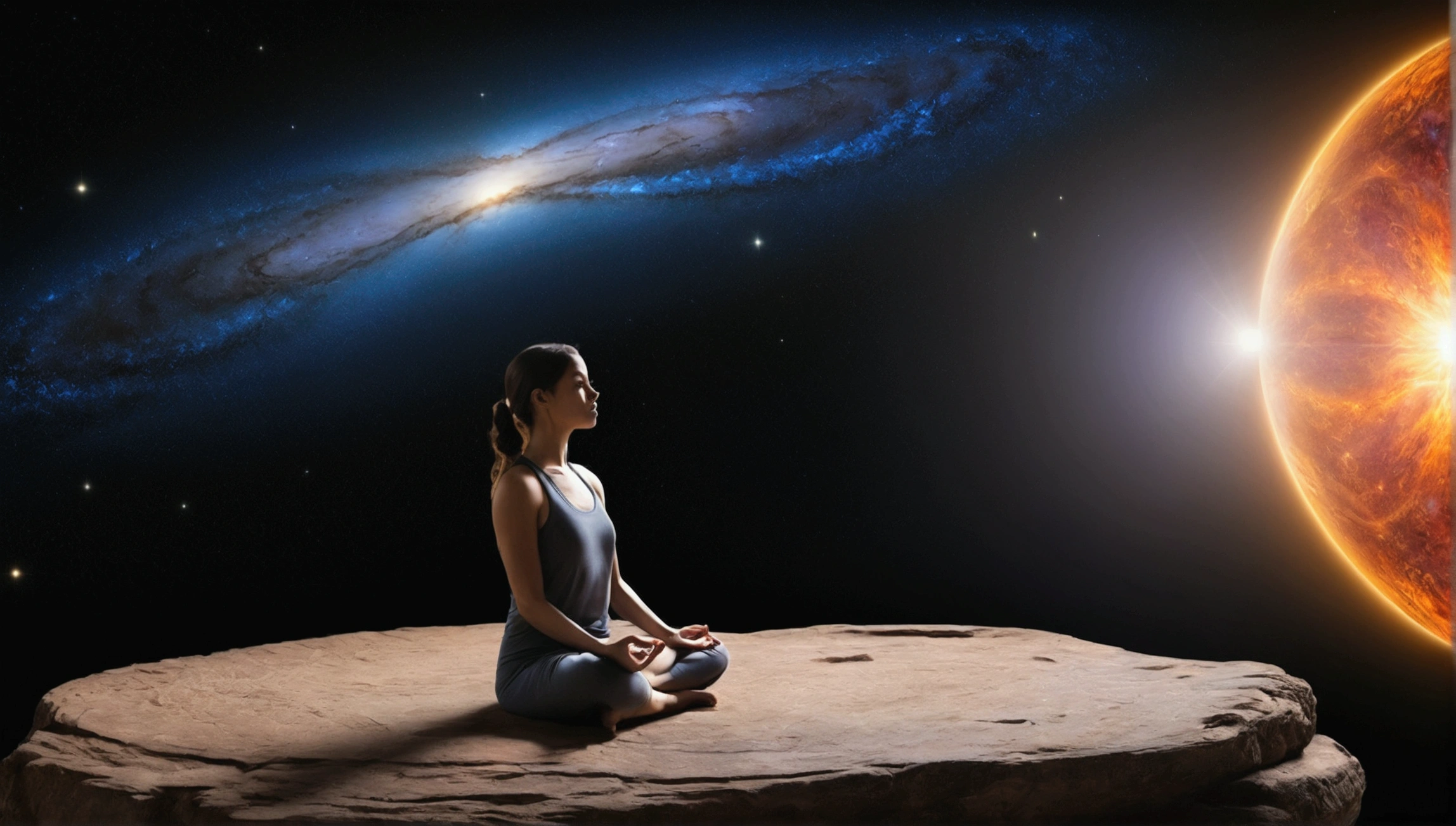 Suppose you divide an image into two main sections, The top half features a vast universe filled with beautiful galaxies, And the bottom half is、Shows a cross-section from Earth to mantle. no centro, Onde os dois mundos se encontram, Girl sitting in zen meditation pose.

A pillar of light emanates from the human head, Alcance para cima、Fusion into cosmic celestial bodies. This light represents a connection to the universe, Symbiosis of the individual with the infinite mysteries of the universe. Simultaneamente, Another pillar of light is、Descending from where humans are sitting, Penetrando profundamente no manto da Terra. That's、It means a grounding connection with the earth, Transcending it through meditation、Anchoring a person to physical reality.

The lighting in this image is as balanced as the air, Emphasize the duality of existence: Physics and metaphysics. Usando uma lente grande angular, 16-35mm f, etc./2.8, You can capture this wide range, Pequenas aberturas como F/11 allows you to focus on all the elements.

Regarding lighting, O macio, Jogando luz difusa sobre uma figura meditante、should give an almost ethereal glow, Ou seja, lighting lighting. For the background, Select Dynamic Contrast and click、Fly out of the galaxy and the inner layers of the Earth, presumivelmente、Use post-production techniques to fine-tune details.