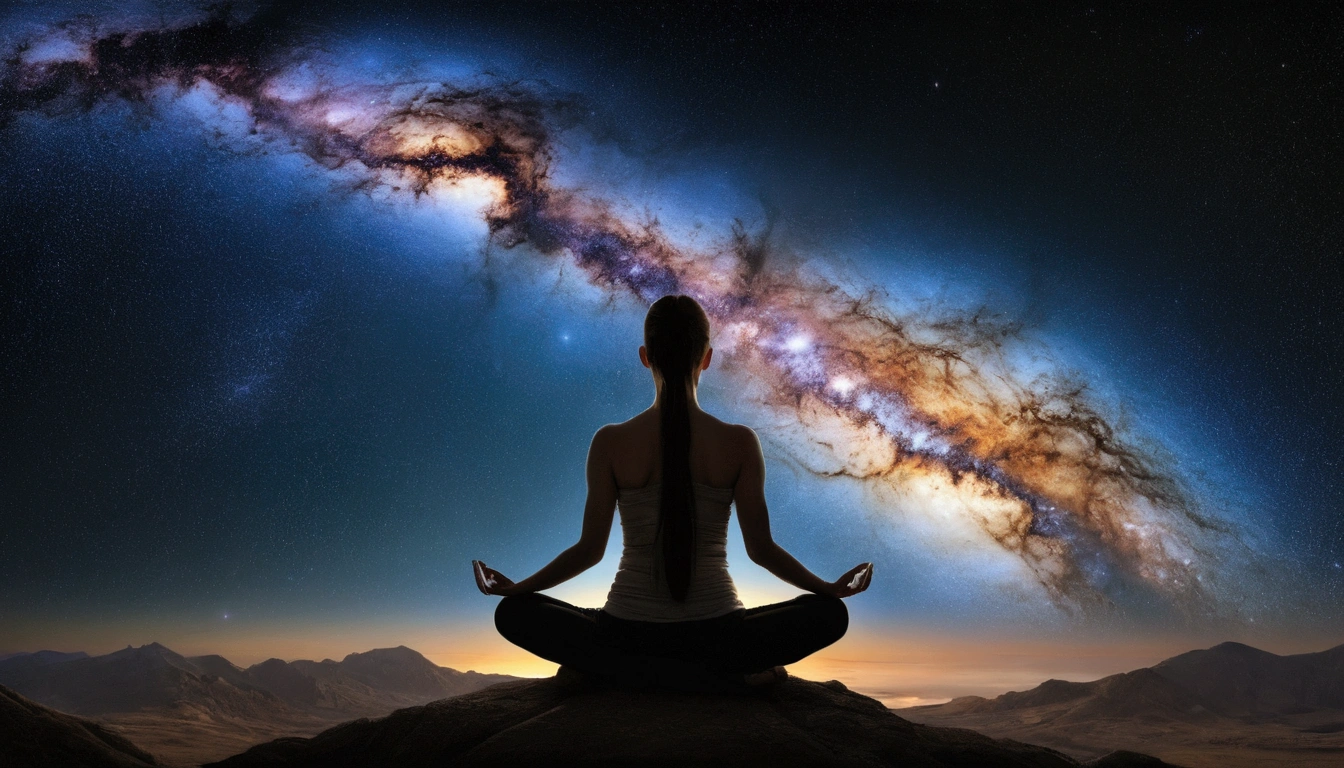Suppose you divide an image into two main sections, The top half features a vast universe filled with beautiful galaxies, And the bottom half is、Shows a cross-section from Earth to mantle. no centro, Onde os dois mundos se encontram, Girl sitting in zen meditation pose.
A pillar of light emanates from the human head, Alcance para cima、Fusion into cosmic celestial bodies. This light represents a connection to the universe, Symbiosis of the individual with the infinite mysteries of the universe. Simultaneamente, Another pillar of light is、Descending from where humans are sitting, Penetrando profundamente no manto da Terra. That's、It means a grounding connection with the earth, Transcending it through meditation、Anchoring a person to physical reality.
The lighting in this image is as balanced as the air, Emphasize the duality of existence: Physics and metaphysics. Usando uma lente grande angular, 16-35mm f, etc./2.8, You can capture this wide range, Pequenas aberturas como F/11 allows you to focus on all the elements.
Regarding lighting, O macio, Jogando luz difusa sobre uma figura meditante、should give an almost ethereal glow, Ou seja, lighting lighting. For the background, Select Dynamic Contrast and click、Fly out of the galaxy and the inner layers of the Earth, presumivelmente、Use post-production techniques to fine-tune details.