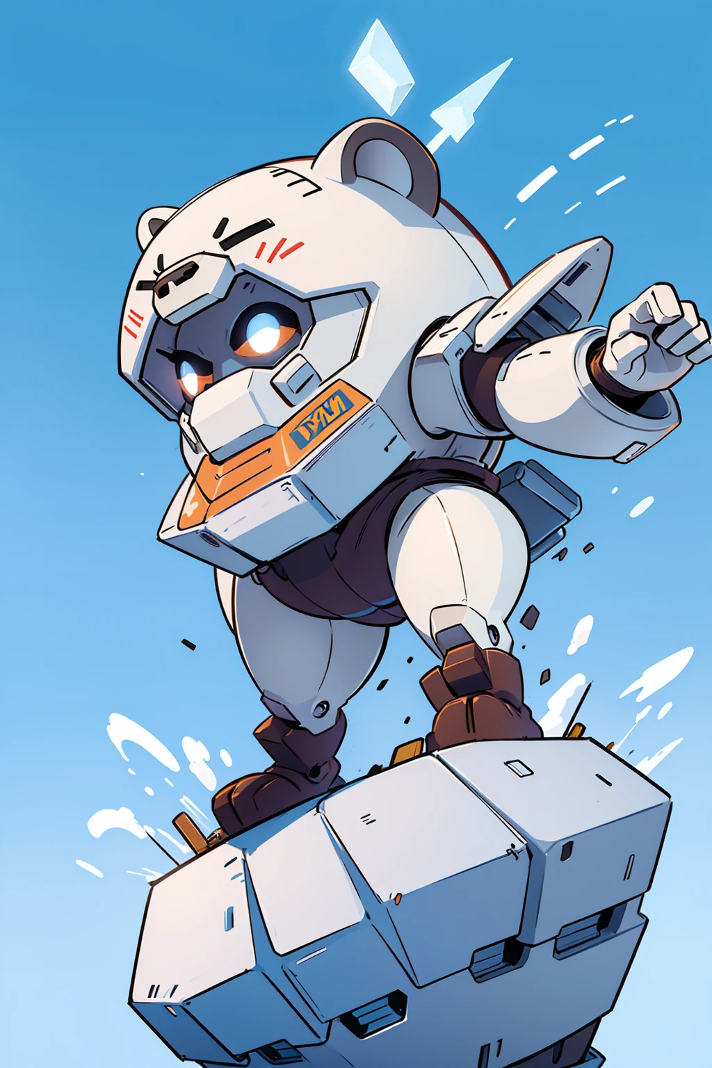 Polar bear dressed as a mecha robot, chibi, fighting stand, ice frozen elemental, background iceberg, stunning style.