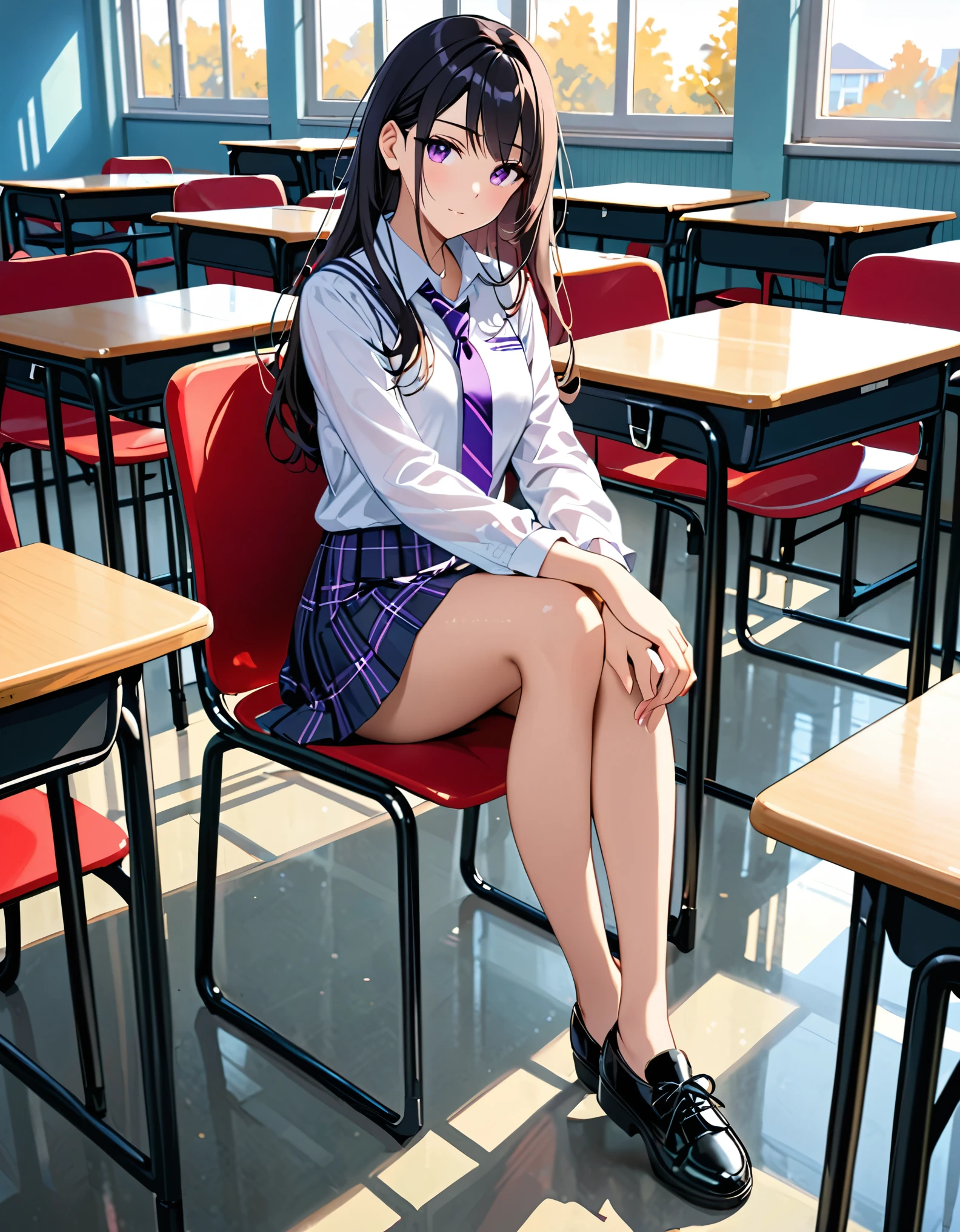 masterpiece, best quality, highres, 1girl, solo, high school, skirt, bare legs, matching shoes, looking at viewer, empty classroom, soft lighting, black hair, purple eyes, medium breasts, long hair, sitting in a chair, full body, hair down, cool
