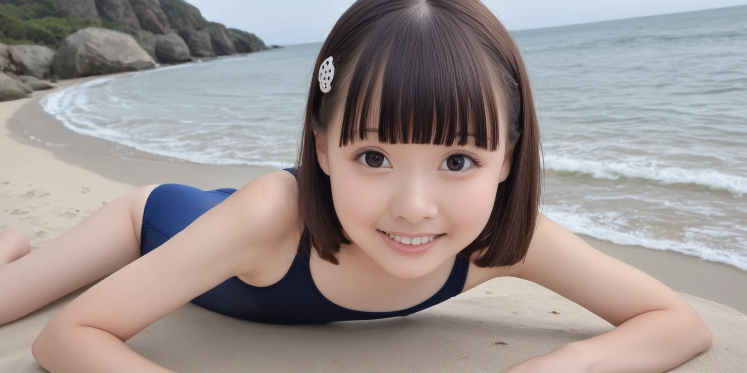 Masterpiece, best quality, 16K, (photo realistic), 1girl, short stature, ((japenese primary school girl)), school swimsuit, (flat chest:1.2), (thin figure body:0.8), Sloping shoulders, baby face, blunt bangs, hair pins, roundly face, big eyes, small face, small mouth, dimples, ((her height is 140cm)), very cute face, lolita face, little, ((10yo)), early teen,  (without makeup, single eyelid, thin eyelashes), seaside, rocky area, Deserted Island,  smile at viewer, innocent smile, white teeth, (tilt her head), lay on stomach,