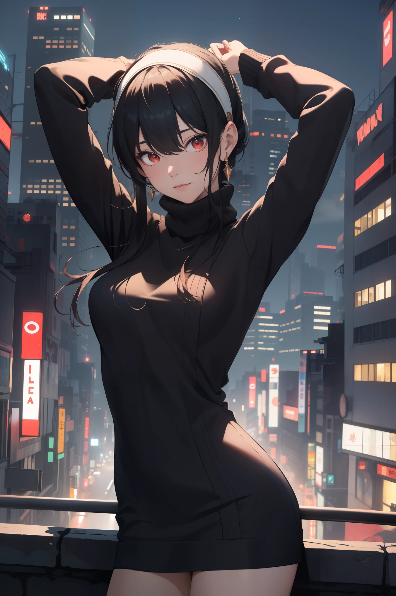 bbyorf, short hair with long locks, white hairband, ((red eyes:1.5)), gold earrings,
BREAK (sweater, turtleneck,long_sleeves:1.2),
BREAK (Night:1.7), Japan, cyberpunk, CityView, Before Window, Standing at attention,armpits,arm up, expressive eyes,seductive smile, looking at viewer, NSFW,(Full_body),
BREAK (masterpiece:1.2), best quality, high resolution,NSW ,unity 8k wallpaper, (illustration:0.8), (beautiful detailed eyes:1.6), extremely detailed face, perfect lighting, extremely detailed CG, (perfect hands, perfect anatomy),