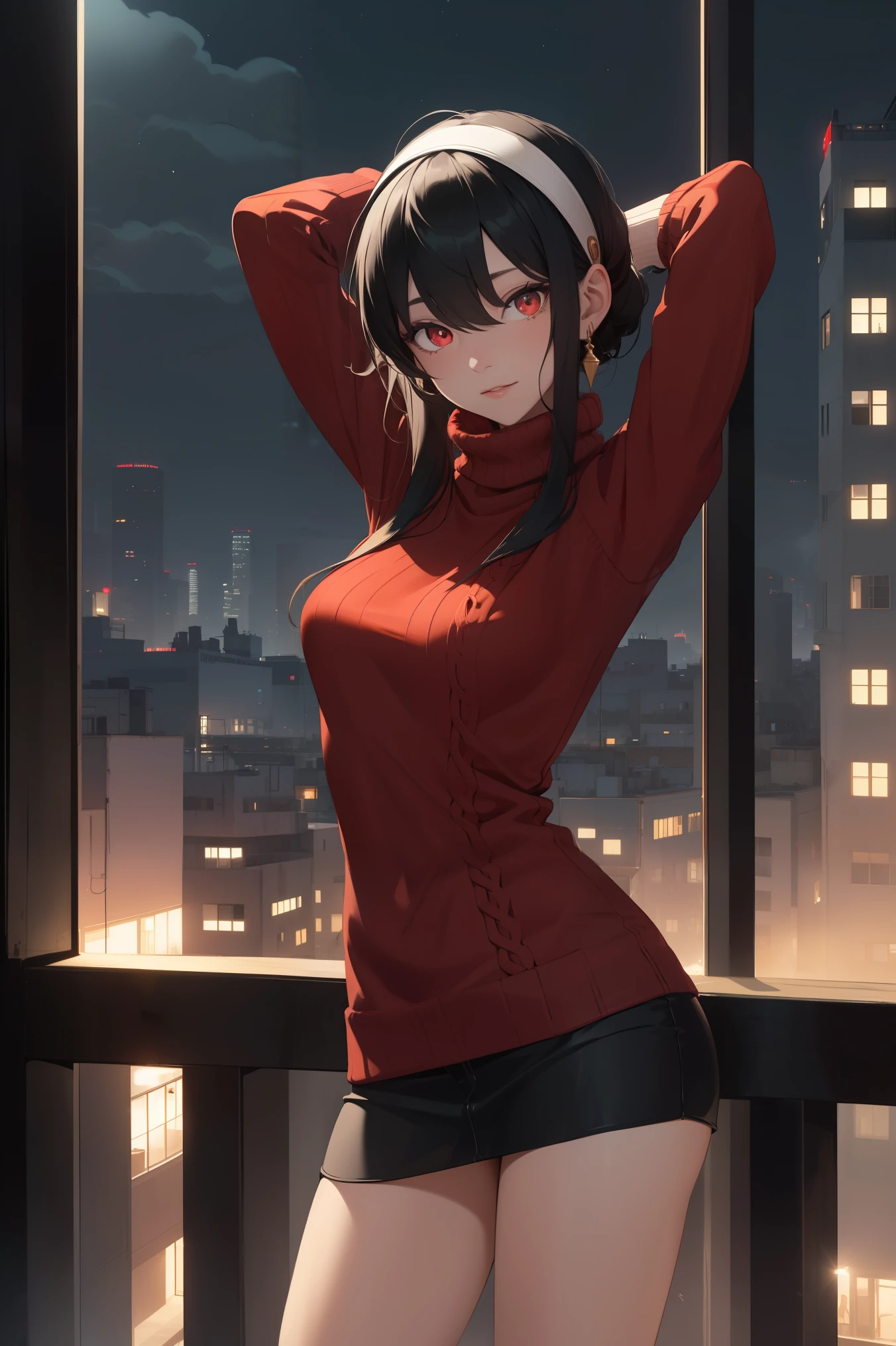 bbyorf, short hair with long locks, white hairband, ((red eyes:1.5)), gold earrings,
BREAK (sweater, turtleneck,long_sleeves:1.2),
BREAK (Night:1.7), Japan, cyberpunk, CityView, Before Window, Standing at attention,armpits,arm up, expressive eyes,seductive smile, looking at viewer, NSFW,(Full_body),
BREAK (masterpiece:1.2), best quality, high resolution,NSW ,unity 8k wallpaper, (illustration:0.8), (beautiful detailed eyes:1.6), extremely detailed face, perfect lighting, extremely detailed CG, (perfect hands, perfect anatomy),