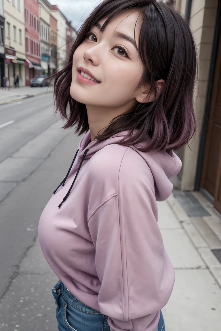 master part, absurderes, hinata\(boruto\), 1 girl, standing alone,mature woman, purple hoodie,layered sleeves, Short jeans marrom, plein-air, cloudy sky, Perfect composition, circumstantial lips, large breasted, pretty face, Body Proportion, blush, (pink lips), short black hair (black hairr), lilac eyes, smooth appearance, super realistico, circunstanciado, photoshoot, realistic face and body, realistic hair, realisticeyes, realistic nose, realistic lips, brown jeans, animadas, dancing lightly. on your back, with chin under shoulder, looking back sensually, sorriso sexly, mouth shut. different pose, sexly.