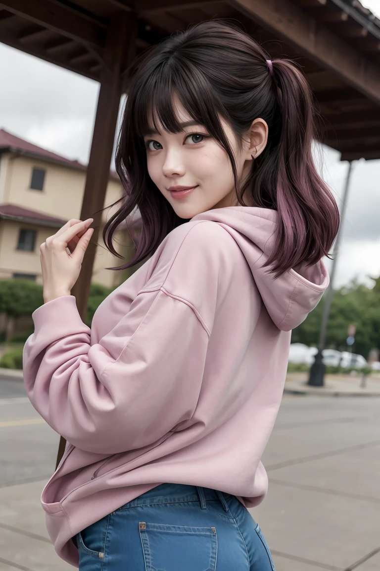 master part, absurderes, hinata\(boruto\), 1 girl, standing alone,mature woman, purple hoodie,layered sleeves, Short jeans marrom, plein-air, cloudy sky, Perfect composition, circumstantial lips, large breasted, pretty face, Body Proportion, blush, (pink lips), short black hair (black hairr), lilac eyes, smooth appearance, super realistico, circunstanciado, photoshoot, realistic face and body, realistic hair, realisticeyes, realistic nose, realistic lips, brown jeans, animadas, dancing lightly. on your back, with chin under shoulder, looking back sensually, sorriso sexly, mouth shut. different pose, sexly.