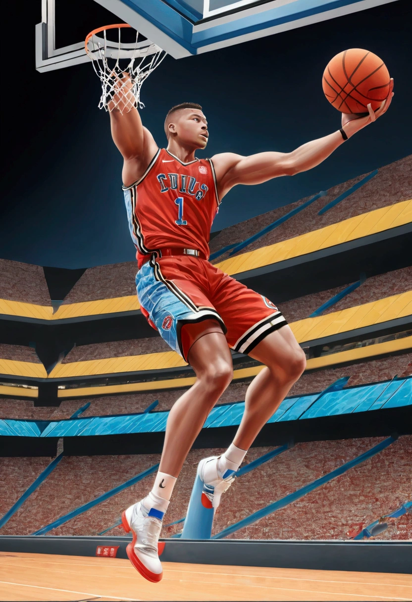 肌肉发达的篮球sports员,Dynamic Dunk,Art,,Colored pencil sketch,sketch ,Comic Collage,Stadium background,快速sports模糊,(sports:1.1)