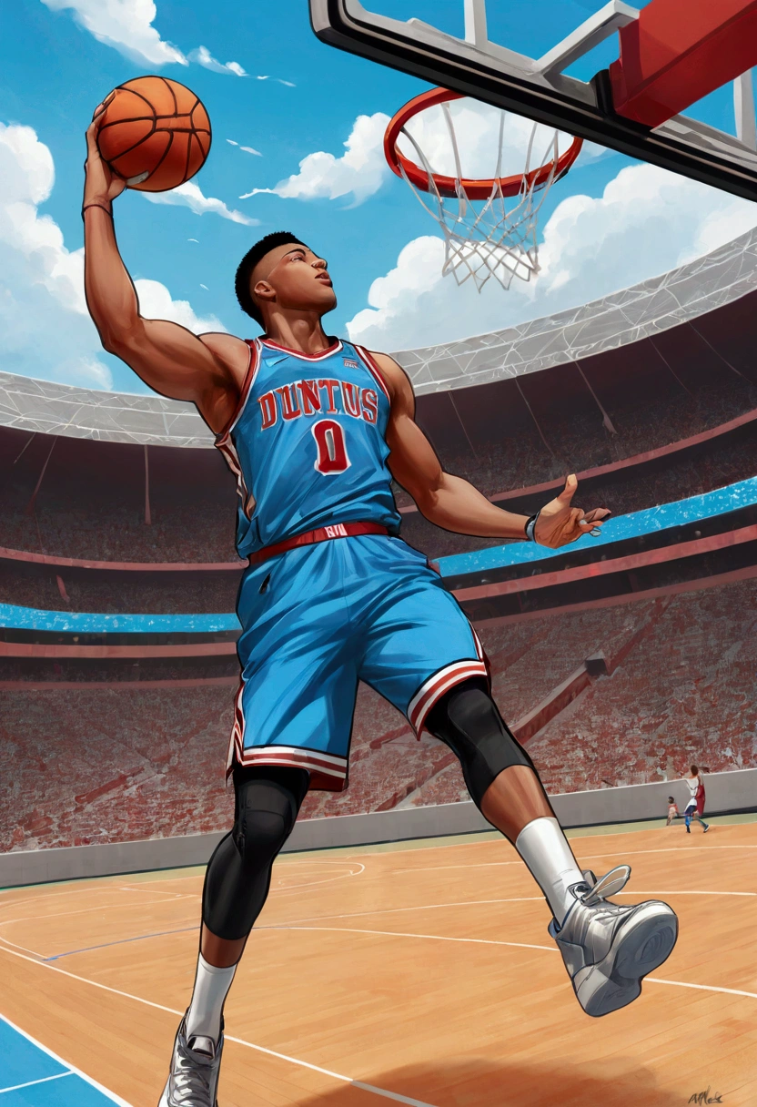 肌肉发达的篮球sports员，Dynamic Dunk，Art，，Colored pencil sketch，sketch ，Comic Collage，Stadium background，快速sports模糊，（sports：1.1）