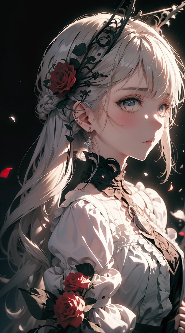  girl，Withered roses，Gothic，White hair，فرط الAccuracy，Accuracy，Provide details，（Accurate facial imaging）（Beautiful hair photography）（Highest quality）（Masterpieces of masters）（high degree of completion）（A feeling of atmosphere）featuring.tmasterpiece，Very detailed（Half-body image）anime style