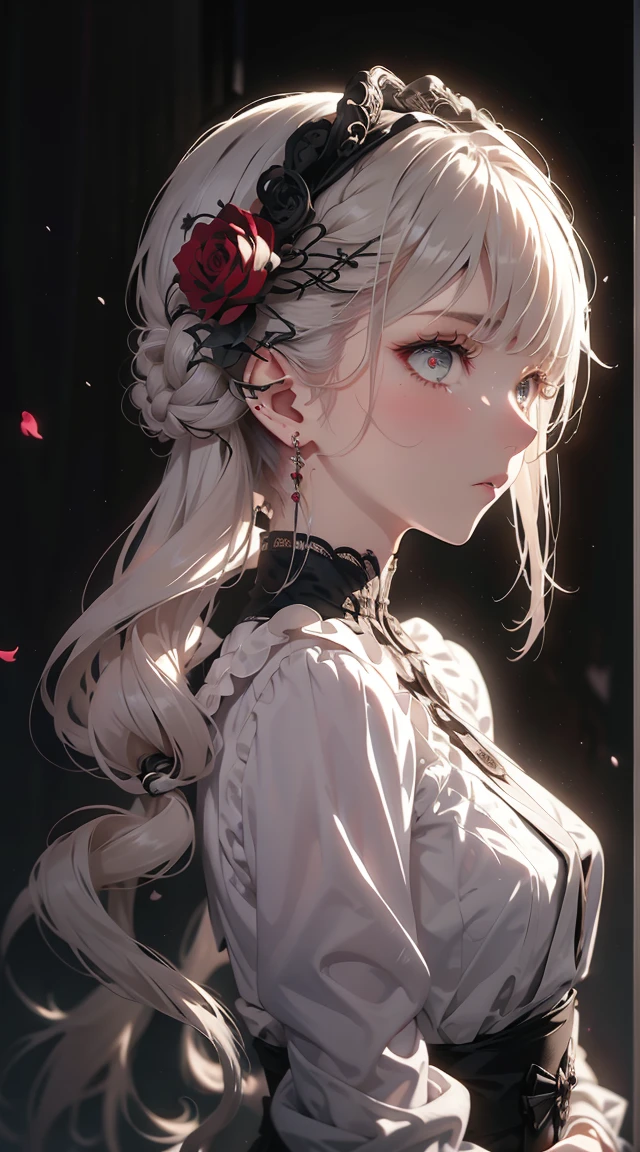girl,Withered roses,Gothic,White hair,فرط الAccuracy,Accuracy,Provide details,(Accurate facial imaging)(Beautiful hair photography)(Highest quality)(Masterpieces of masters)(high degree of completion)(A feeling of atmosphere)featuring.tmasterpiece,Very detailed(Half-body image)anime style